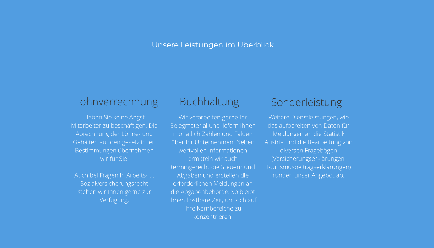 Unsere Leistungen im Überblick Haben Sie keine Angst Mitarbeiter zu beschäftigen. Die Abrechnung der Löhne- und Gehälter laut den gesetzlichen Bestimmungen übernehmen wir für Sie.   Auch bei Fragen in Arbeits- u. Sozialversicherungsrecht stehen wir Ihnen gerne zur Verfügung. Lohnverrechnung Weitere Dienstleistungen, wie das aufbereiten von Daten für Meldungen an die Statistik Austria und die Bearbeitung von diversen Fragebögen (Versicherungserklärungen, Tourismusbeitragserklärungen) runden unser Angebot ab.  Sonderleistung Wir verarbeiten gerne Ihr Belegmaterial und liefern Ihnen monatlich Zahlen und Fakten über Ihr Unternehmen. Neben wertvollen Informationen ermitteln wir auch termingerecht die Steuern und Abgaben und erstellen die erforderlichen Meldungen an die Abgabenbehörde. So bleibt Ihnen kostbare Zeit, um sich auf Ihre Kernbereiche zu konzentrieren. Buchhaltung